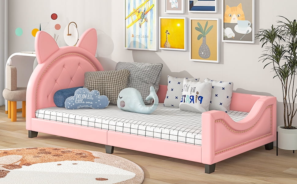 Euroco Bunny Shaped Twin Size Upholstered Daybed with Headboard for Kids Teens, Pink
