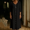 thumbnail image 4 of Ohufall Women Dresses Cotton Linen Button Crew Neck Long Sleeve Dress Pleated Loose Comfort Casual Maxi Dress, 4 of 6