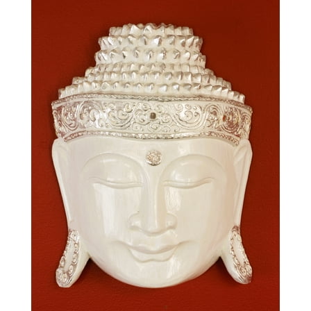 12" Wooden Wall Mask Serene White Buddha Head Statue Hand Carved Sculpture Handmade Figurine Gift Home Decor Accent Handcrafted Wall Hanging Decoration