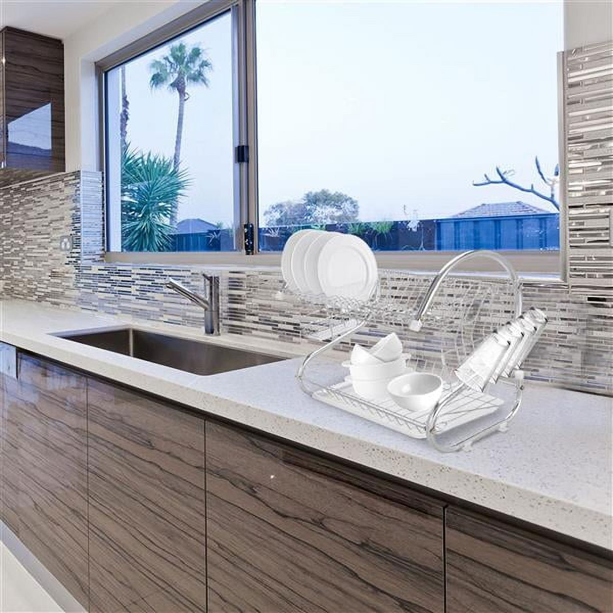 2-Tier Dish Drying Rack with Utensil Holder and Cup Holder with Dish Water Drain Board Tray Rustproof Chrome Plating