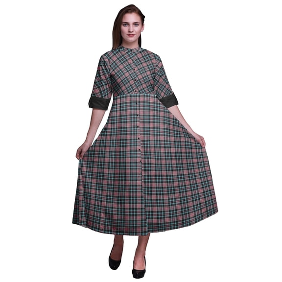 Bimba Check Button Down Dress Print Mandarin Collar Roll Up Sleeves Shirt Dress-Large