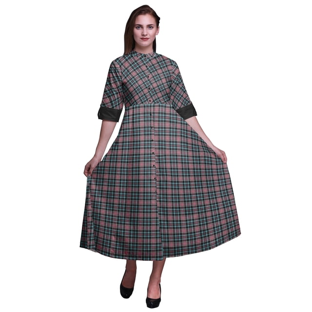 Bimba Robe à Carreaux Col Mandarin Manches Retroussables Robe Chemise-Moyenne