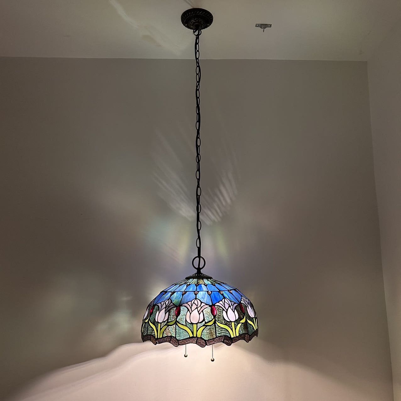 Tiffany Pendant Lights Fixture Blue Purple Stained Glass Tulips LED Bulb Included for Dining Room Hotel Restaurant Cafe 16"W*16"D*75"H