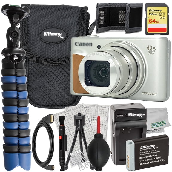 Ultimaxx Advanced Canon SX740 HS Digital Camera Bundle (Silver) (International Model)- Includes: 64GB Extreme SDXC, Replacement Battery & Much More (18pc Bundle)