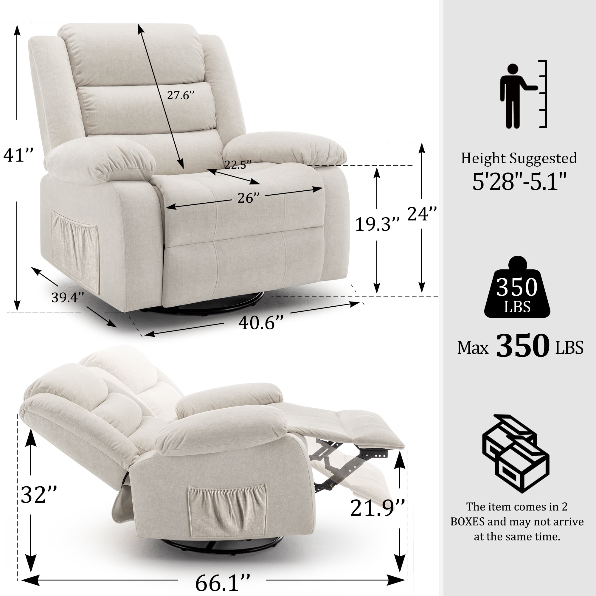 Korser Oversized Swivel Rocker Recliner Chair for Adults 40.6'' Wide for Nursery Living Room,Beige