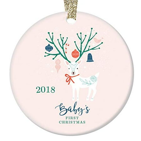 Winter Deer Baby's First Christmas Ornament 2019, Girl Baby 1st Christmas Porcelain Ornament, 3