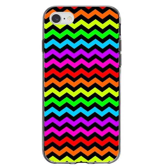 DistinctInk Clear Shockproof Hybrid Case for iPhone 7 8 SE (2020 Model) 4.7" Screen TPU Bumper Acrylic Back Tempered Glass Screen Protector - Rainbow Black Chevron Stripes Wave - Chevron Stripes