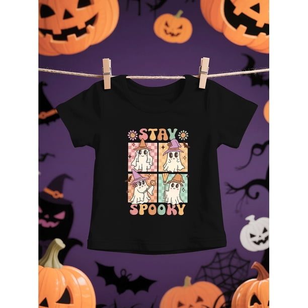 Girls' Halloween T-Shirt - Cute Ghosts & "STaY SPooKY" Letter Print, Soft Knit Short Sleeve Top for & Teens, Regular Fit Casual Round Neck Tee, Perfect for Trick-or-Treating, Partie
