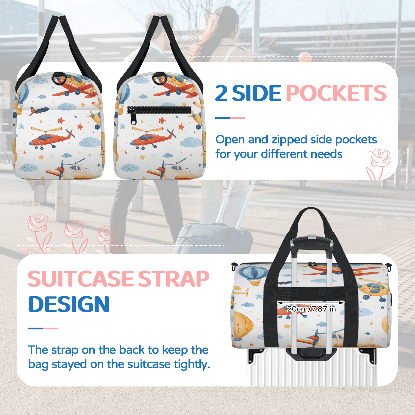 Herdesigns Airplane Gym Bag for Women, Duffle Bag for Travel Sport, Plane Lightweight Waterproof Carry on Weekender Dance Yoga Workout Bags
