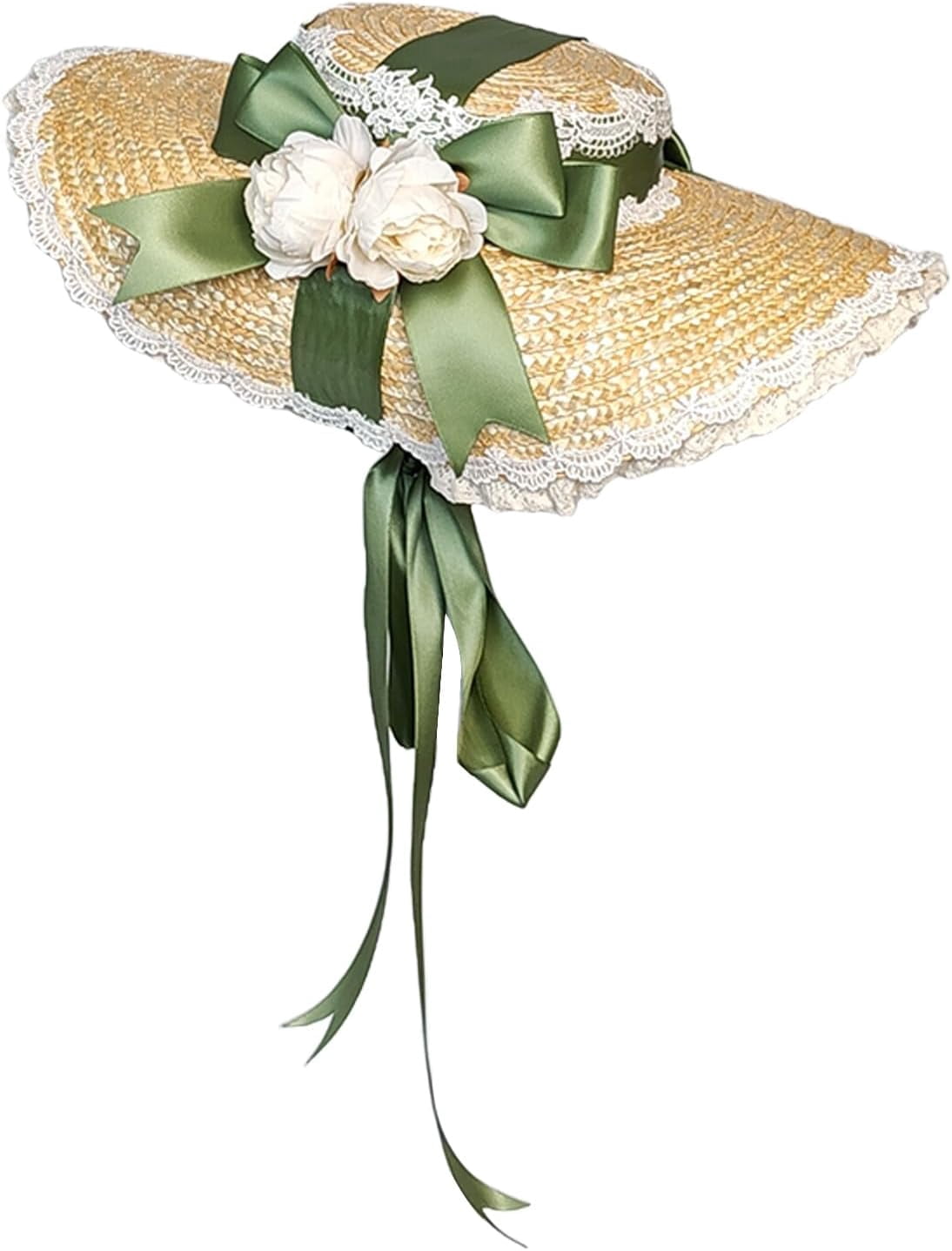 Kukuzhu Women Victorian Tea Party Sun Hat, Lolita Bows Flower Ribbon Flat Straw Hat Summer Beach Bonnet Cap for Travel