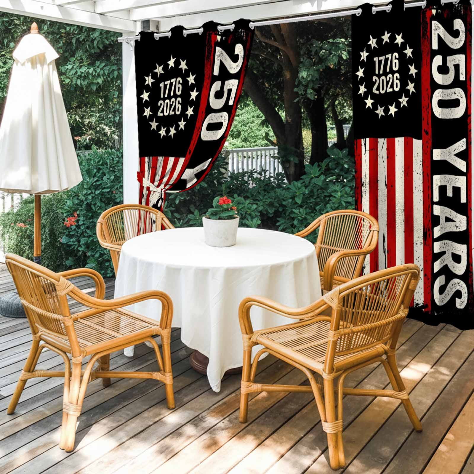 Independence Day Outdoor Curtains for Patio, Distressed 250 Years Red White Flag Sunshade Privacy Drapes Grommet Waterproof Outside Curtains for Porch/Cabana/Balcony 54"x 108", 1 Panel