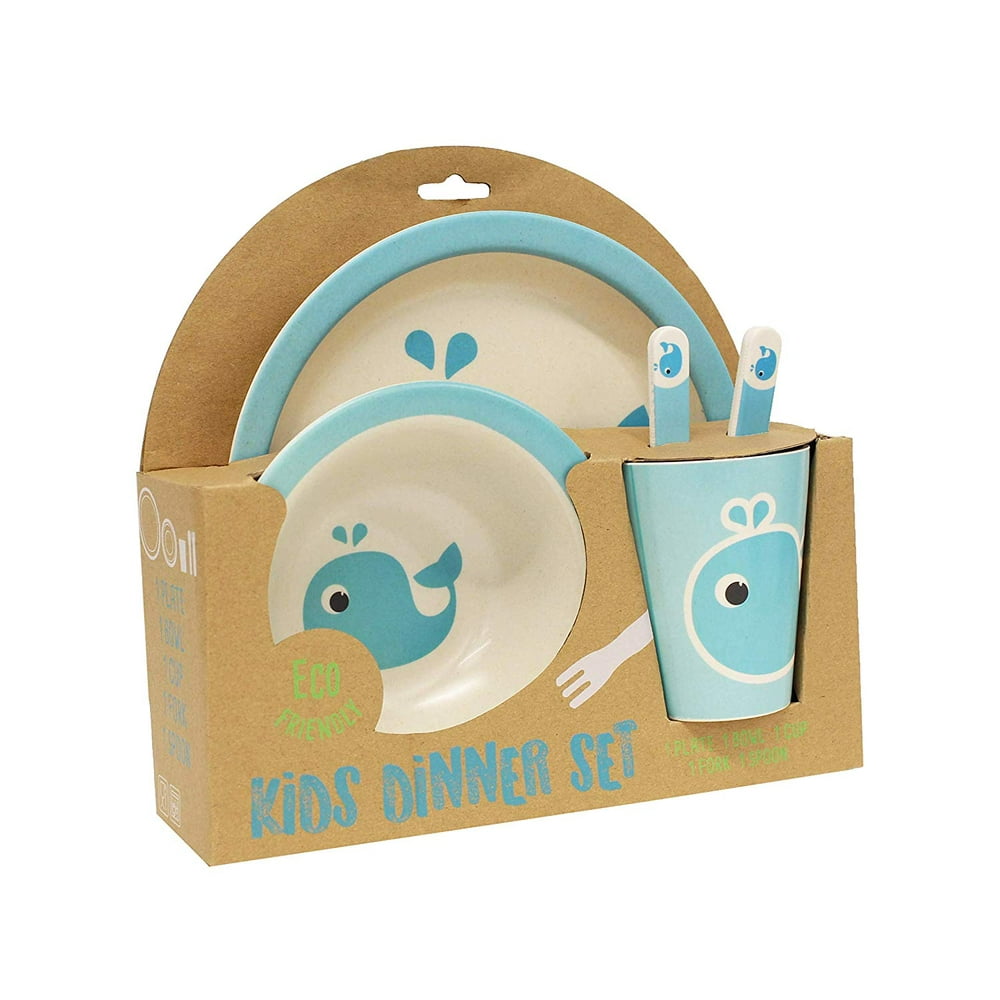5 Piece Bamboo Fiber Dinnerware Set for Kids, Includes Plate, bowl, Cup