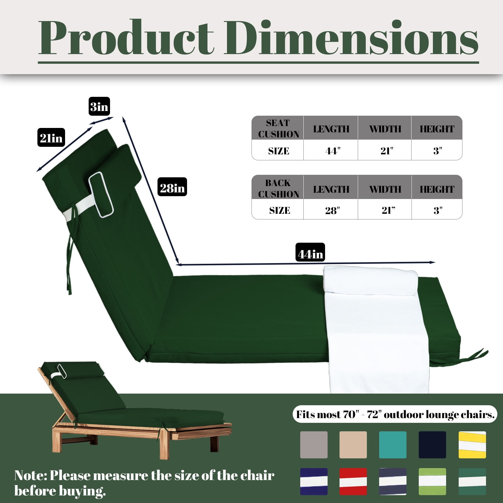 SDJPOI Outdoor Chaise Lounge Cushions Set of 4, 72" x 21" x 3" Thick Patio Furniture Replacement Cushions, Waterproof Lounge Chair Cushion with Headrest & Ties for Pool Beach