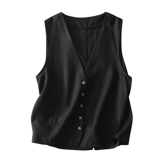 Womens Cotton Linen Vests, Summer Tops for Women Casual Vintage Solid Color Button Down V Neck Tank Tops Coats M-2XL