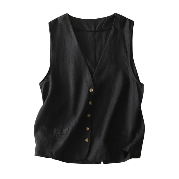 Vestidos Casuales Para Mujer, Blusas De Mujer De Moda Blusa de lino sintético para mujer, color liso, con botones, sin mangas y cuello en V