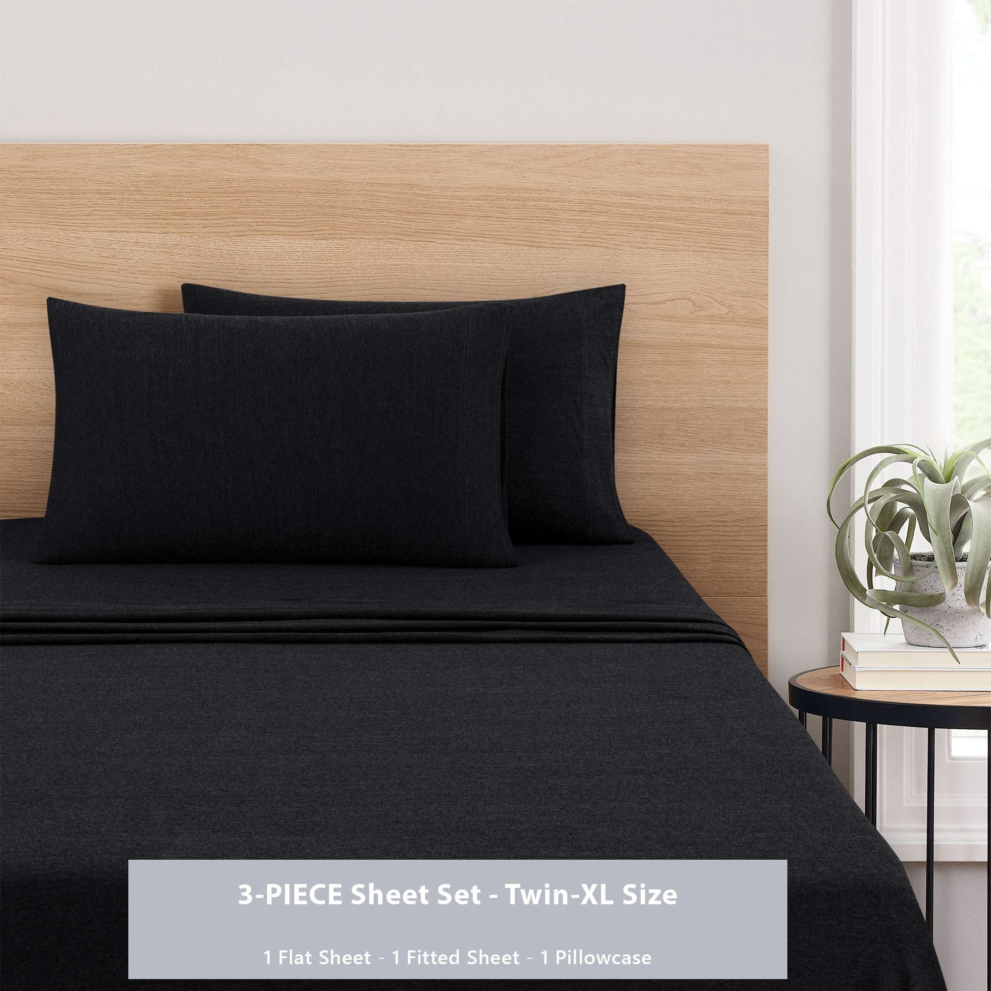 Mainstays Cotton Rich Extra Soft Jersey Bed Sheet Set, Twin-XL, Black, 3 Pieces