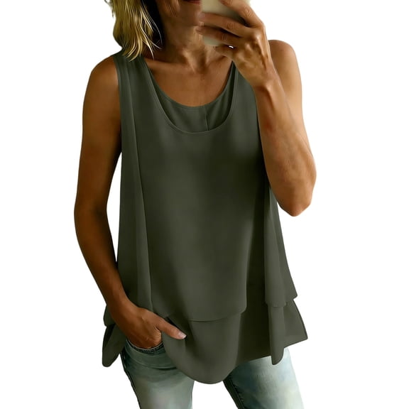 TGSLY Women's Crew Neck Double Layer Chiffon Tank Tops Flare Hem Swing Sleeveless Tunic Shirt Loose Flowy A-Line Fit Solid Color Blouse M