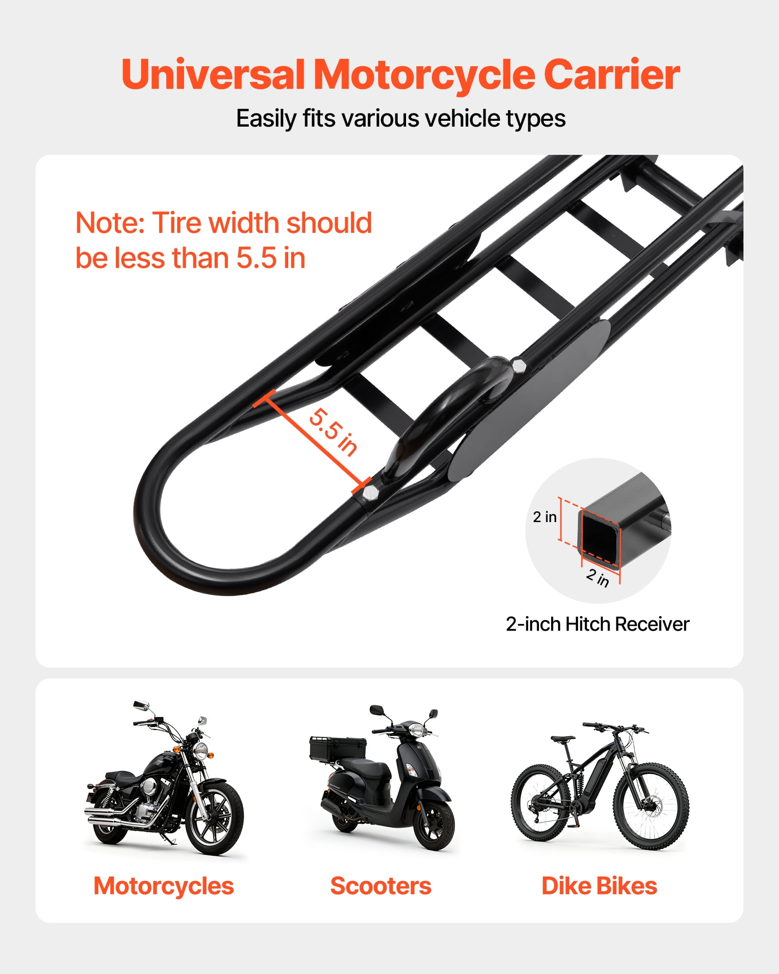 VEVOR Motorcycle Carrier, 500 lbs Capacity, Heavy Duty Steel Hitch Mount Rack with Anti-Tilt Lock Device,Straps & Stabilizer, Scooter Dirt Bike Trailer Hauler for Car Truck with 2-Inch Hitch Receiver