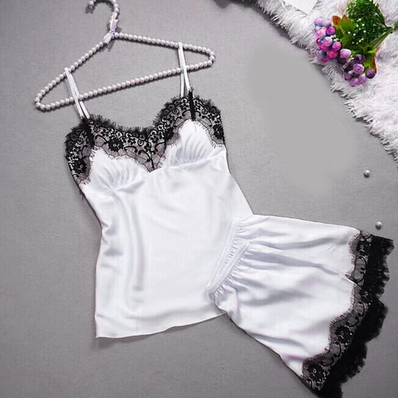 Vivianyo HD Sleepwear for Women Women Sleepwear Sleeveless Strap Nightwear Lace Trim Satin Cami Top Pajama Sets Rollbacks White