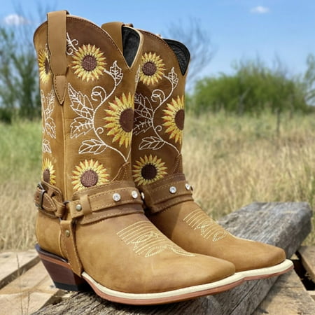

TALKVE Buckle Belt Fashion Heel Boots Women s Rhinestone Style Point Embroidered Ethnic women s boots