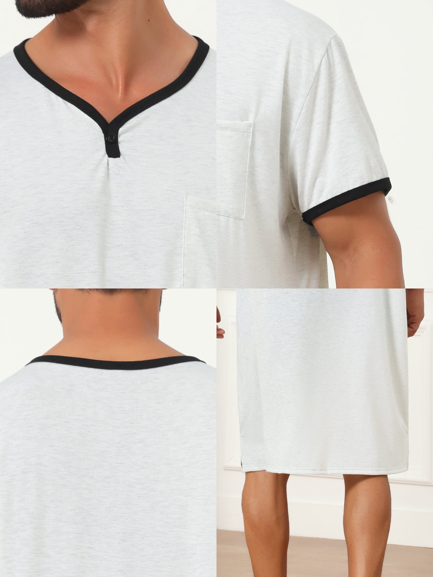 DARING DIVA Men's V-Neck Colorblock Trim Short Sleeve Chest Pocket Pajama S Light Gray