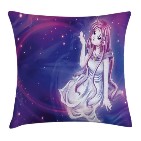 Anime Throw Pillow Cushion Cover, Cute Purple Anime Fairy Sitting in Theme of Zodiac Astrology Horoscope Sign Artprint, Decorative Square Accent Pillow Case, 20 X 20 Inches, Purple Blue, by
