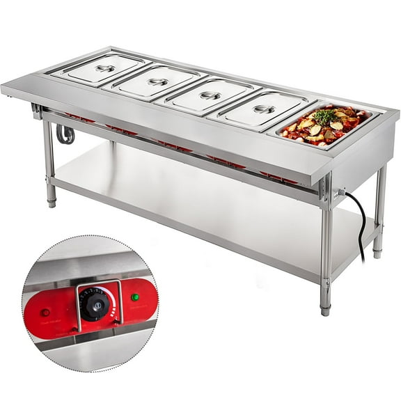 VEVOR Commercial Electric Food Warmer 5 Pot Steam Table Food Warmer 18 Quart/Pan with Lids with 7 Inch Cutting Board Food Grade Stainless Steel Steam Table Serving Counter 220V 3750W