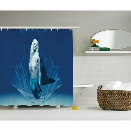 Mermaid Decor  Fairy Tail Mermaid In Ocean Realistic Design Artwork, Bathroom Accessories, 69W X 84L Inches Extra Long, By Ambesonne