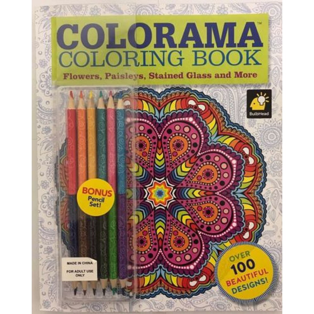 COLORAMA ADULT COLORING BOOK COLORED PENCILS FLOWERS, PAISLEYS, STAINED