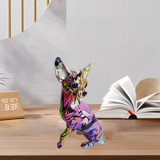 Estatua de perro multicolor, estatuil de animales, manualidades artísticas, adorno de transferencia de agua coleccionable moderno para pequeña sa de Chihuahua morado perfecl Estatua de estatuilla de perros