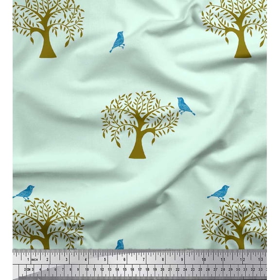 Soimoi Silk Fabric Bird & Tree Block Print Fabric by Yard 42 Inch Wide