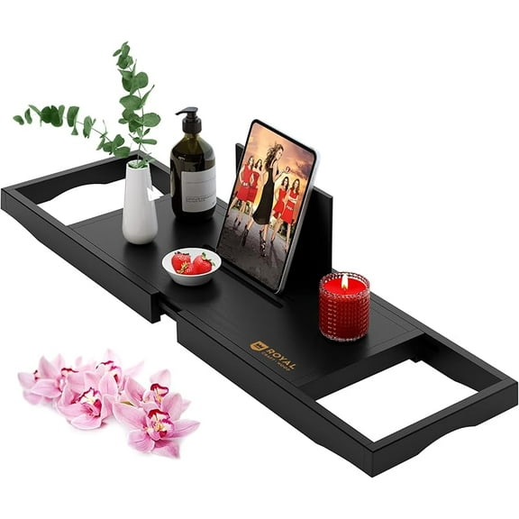Foldable Bathtub Tray Caddy - Wood Bath Tray for Tub, Bamboo Shelf, Expandable Bath Table Trays, Bathtub & Bathroom Accessories for New Home & Mothers, Birthday Gifts for Mom B