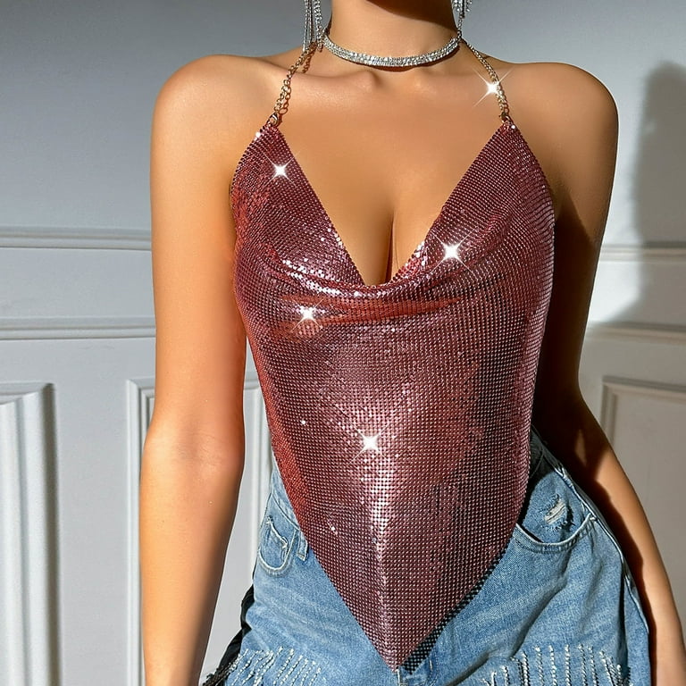 BLVB Sequin Tops for Women Sparkly Deep V Neck Metal Crop