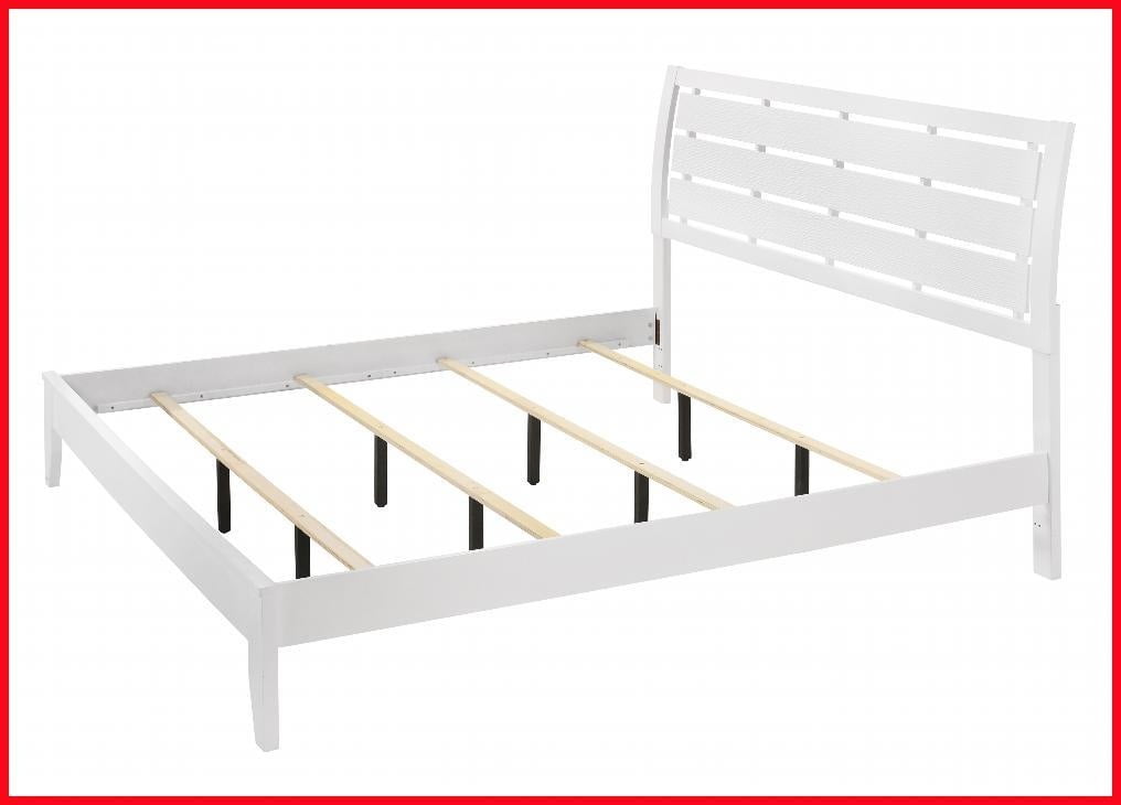 King Size Wooden Bed Frame with Softly Curved Headboard Geometric Design White Finish for Bedroom