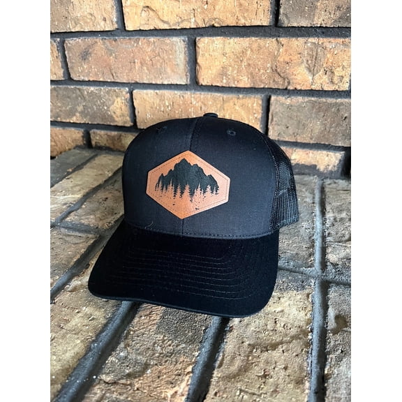 Trucker Hat with Leather Path, Leather Patch Snapback, Hat with mountains Leather Patch Baseball hat, Leather Hat, Dad Hat, Gift for Hi