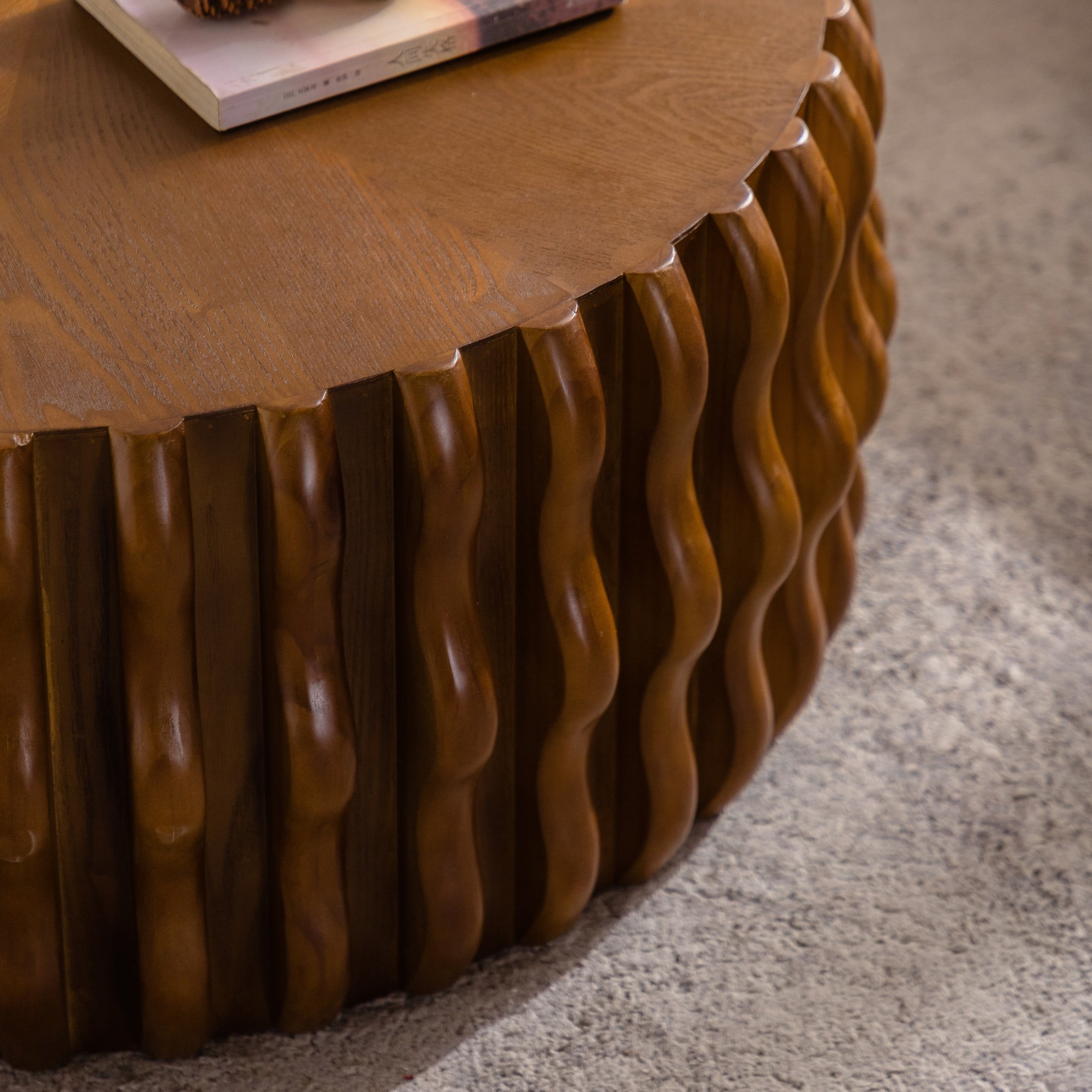 Noble House Cole 38.58" Ribbed Wave Round Coffee Table, Wooden Fluted Drum Center Table, Sturdy Pedestal, Walnut