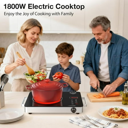 Portable Electric Cooktop, 1800W Infrared Hot Plate Countertop Burner with Handle, 110V Single Burner Electric Stove with Knob & Touch Control, 4-Hours Timer & 10 Power Level for Home Camping