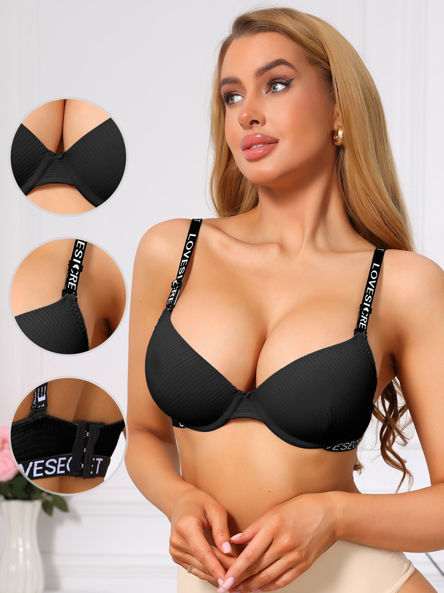 DARING DIVA Women's Letter Print Bras Full Coverage Ribbed V Neck Underwire XL Black