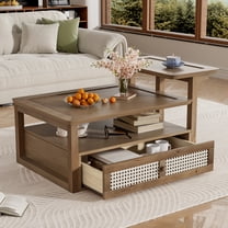 Modern Coffee Table, Coffee Table with 1 Storage Shelf, 2 Tabletops and 1 Rattan Drawer For Living Room,Dark Brown