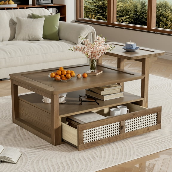 Modern Coffee Table, Coffee Table with 1 Storage Shelf, 2 Tabletops and 1 Rattan Drawer For Living Room,Dark Brown