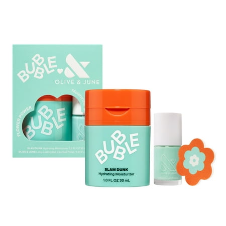 Bubble Skincare Flower Power Slam Dunk Moisturizer & Nail Polish 3-Piece Set, Includes Olive & June Long Lasting Nail Polish & Flower Nail File
