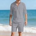 thumbnail image 5 of Purcolt Men's Cotton Linen Two Piece Sets Summer Casual Crew Neck Button Down Shirts Shorts Sweatsuit Loungewear for Beach Party Vacation, 5 of 8
