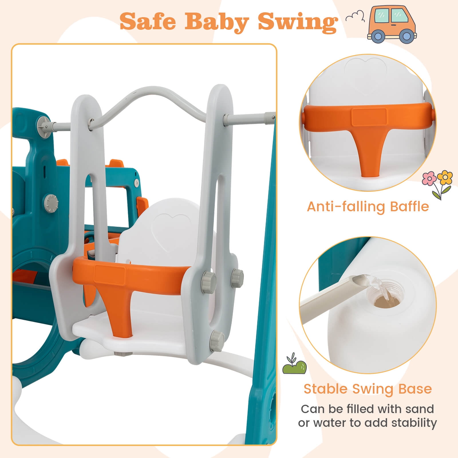 Infans 5-in-1 Toddler Slide Set w/ Basketball Hoop and Swing Baby Slide Playset Indoor