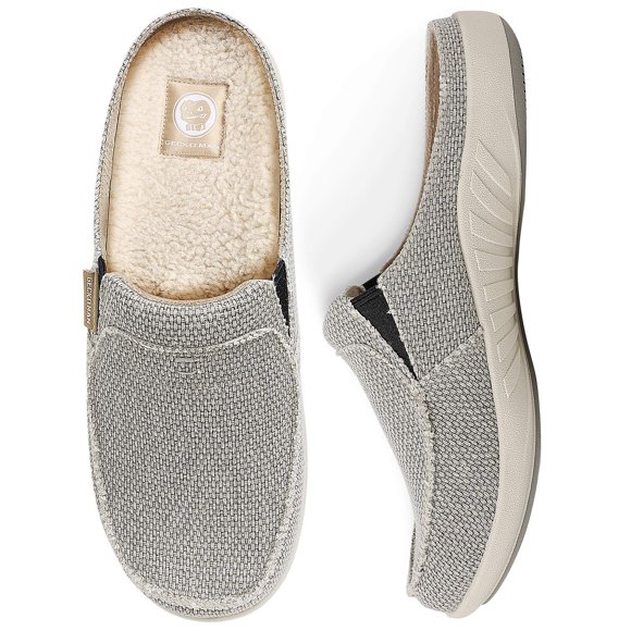 House Slippers for Men, canvas House Slipper for Men with Fuzzy Wool Insole and Velvet Lining, Slip on clog House Shoes with Indoor Outdoor Anti-Skid Rubber Sole, grey