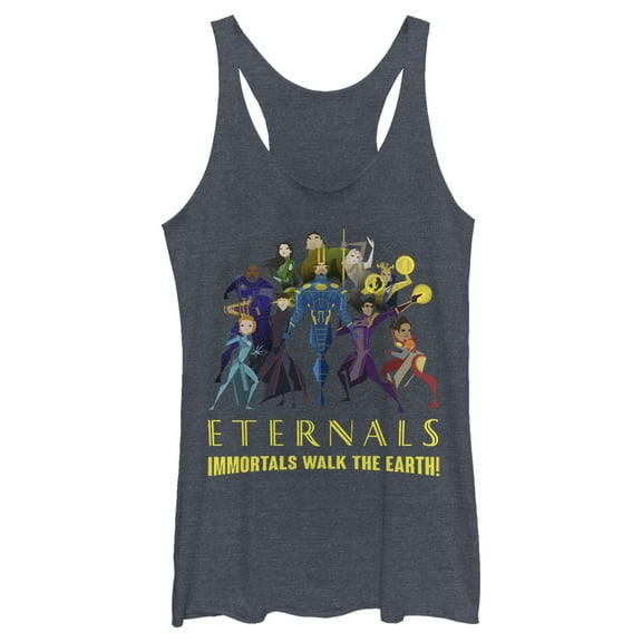 Women's Marvel Eternals Immortals Walk the Earth  Racerback Tank Top Navy Blue Heather Large