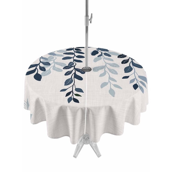 Outdoor Table Cloth with Umbrella Hole and Zipper, Navy Blue Ombre Botanical Waterproof Round Tablecloth 60 Inch, Watercolor Pastoral Leaf Rustic Washable Table Cover for Outside Party Patio Picnic