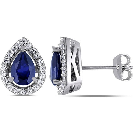 2-3/4 Carat T.G.W. Created Blue and White Sapphire Sterling Silver Stud Teardrop Earrings