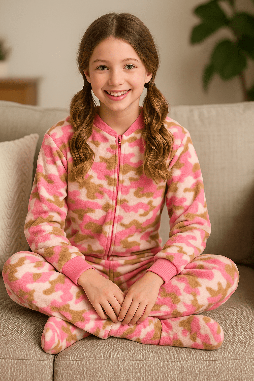 Big Feet PJs Girls Pink Camouflage Micro Fleece Footed Pajamas One-Piece Sleeper Size 8