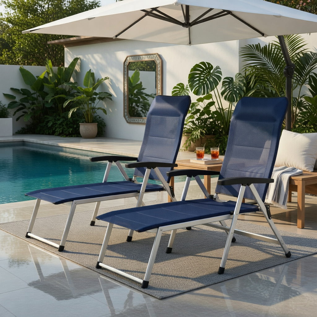 Hommoo 2-Pack Foldable Outdoor Dining Chairs with 7-Position Adjustable Backrest, Aluminum & Iron Patio Seating, Space-Saving Design, Navy Blue