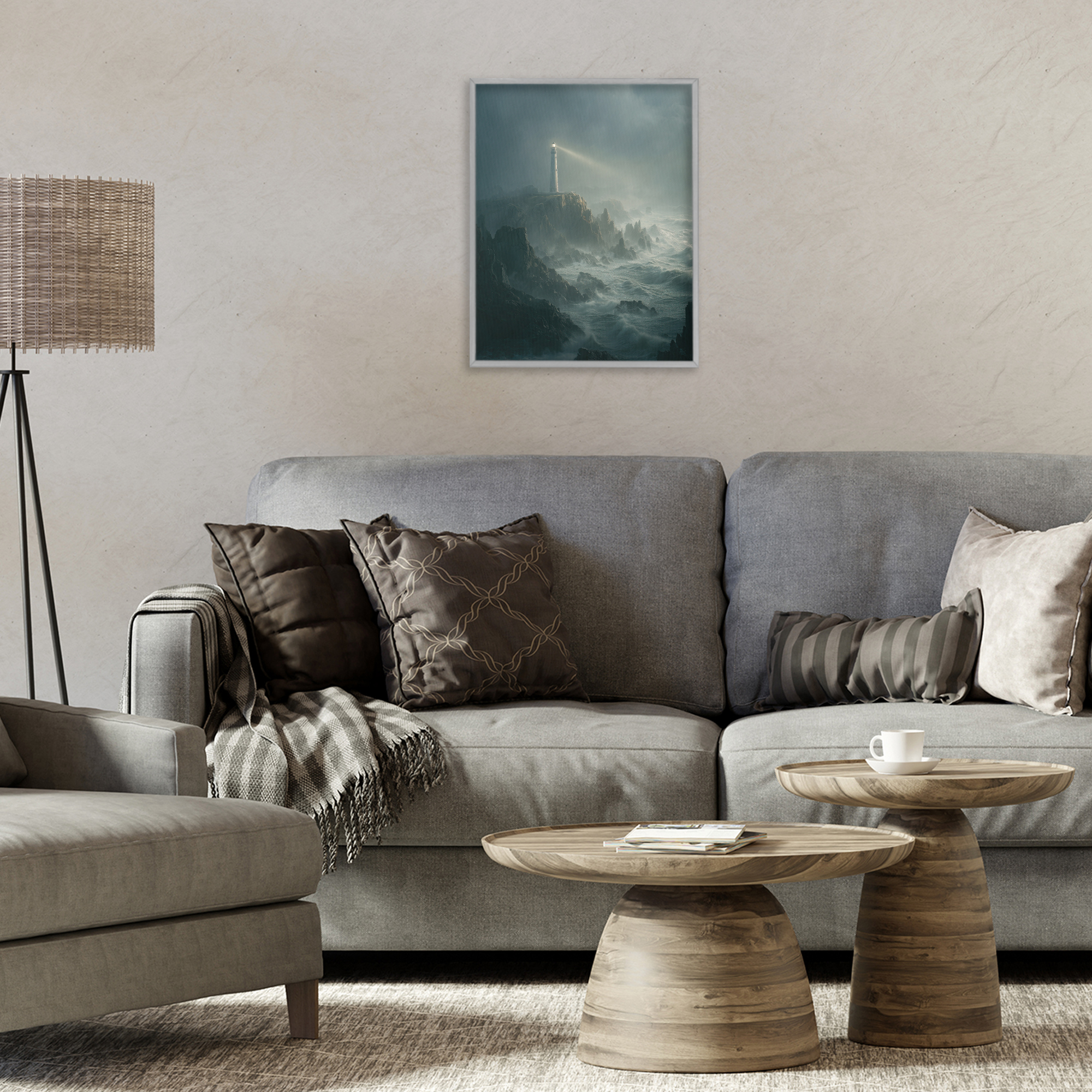 Lighthouse and Stormy Cliff Gray Framed Giclee Art, design by Ziwei Li